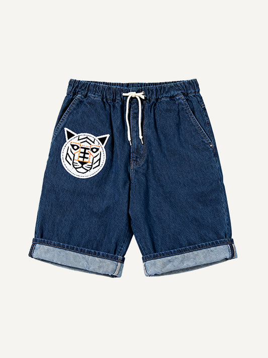 Sashiko tiger pattern washed denim shorts