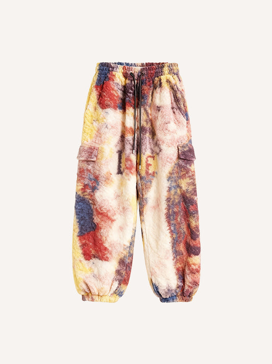 Tie-dye fashionable heart print drawstring warm trousers