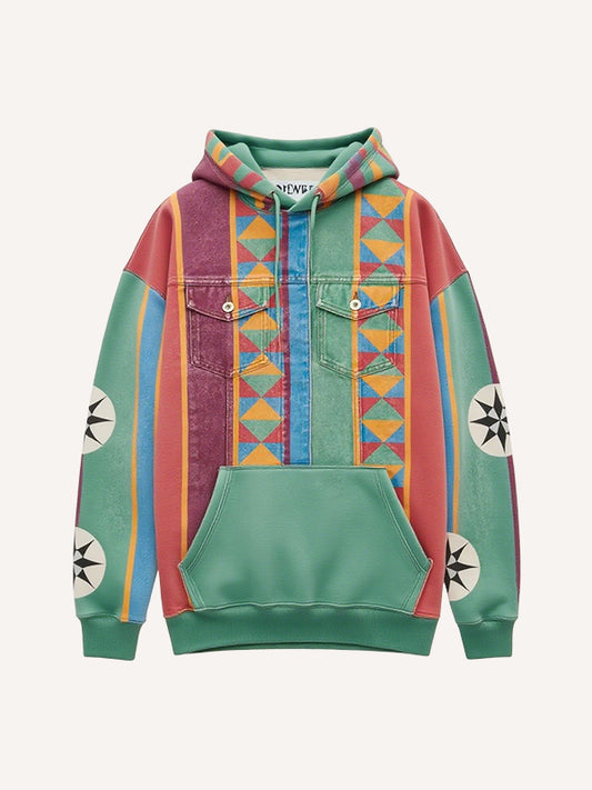 Ethnic style geometric print patchwork sweatshirt