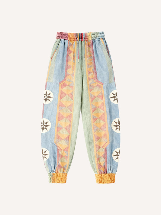 Ethnic geometric print patchwork trousers