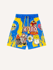 Multicolor patchwork sports print Y2K style shorts