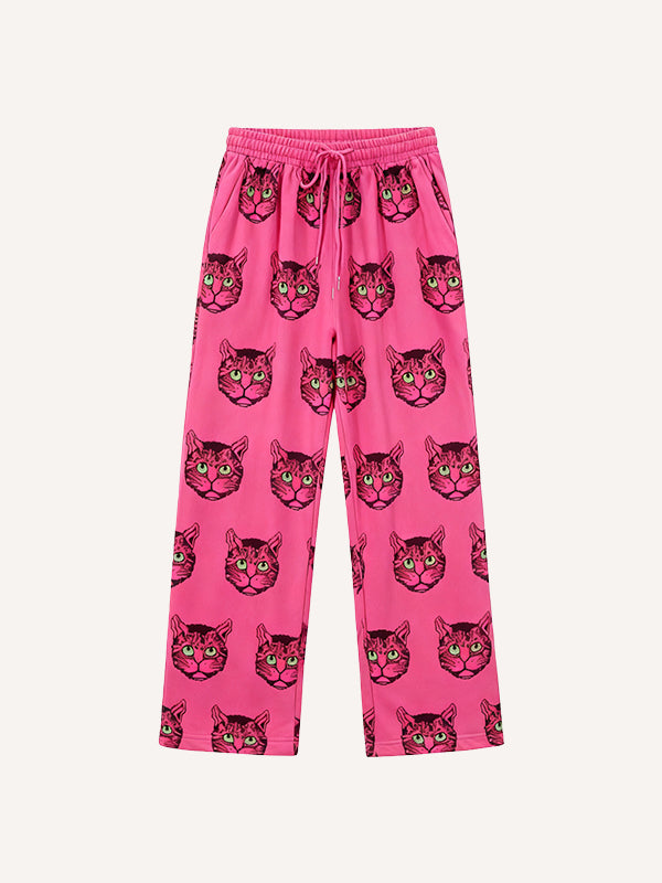 Cute cat-themed printed textured fashion trousers