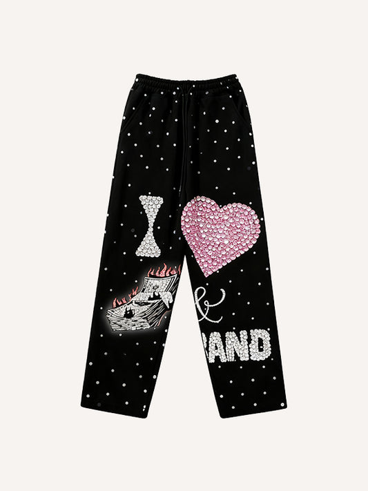Rhinestone Heart Print Stylish Pants