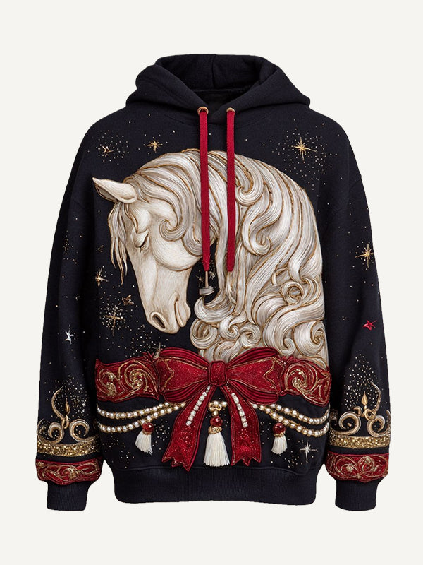 White Horse Christmas Comfortable Hooded Sweatshirt