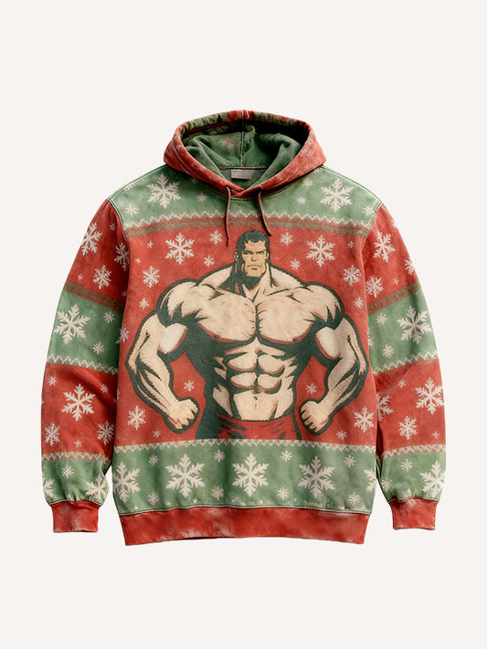 Santa Claus is also a muscular man in a hoodie