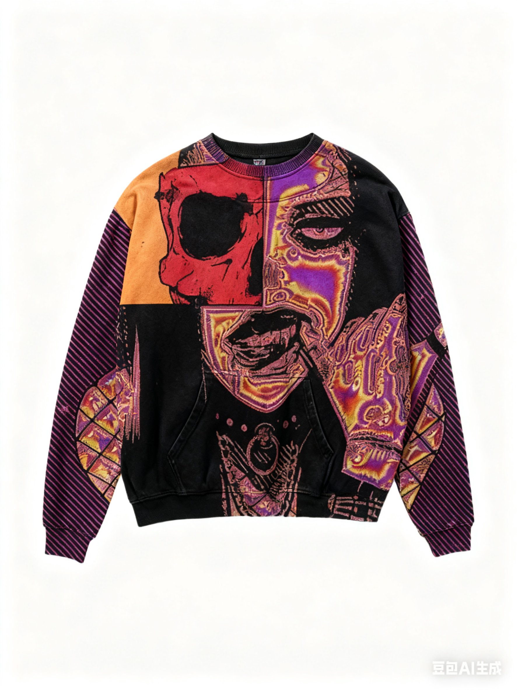 The beautiful woman is wearing a pink skull crewneck sweatshirt