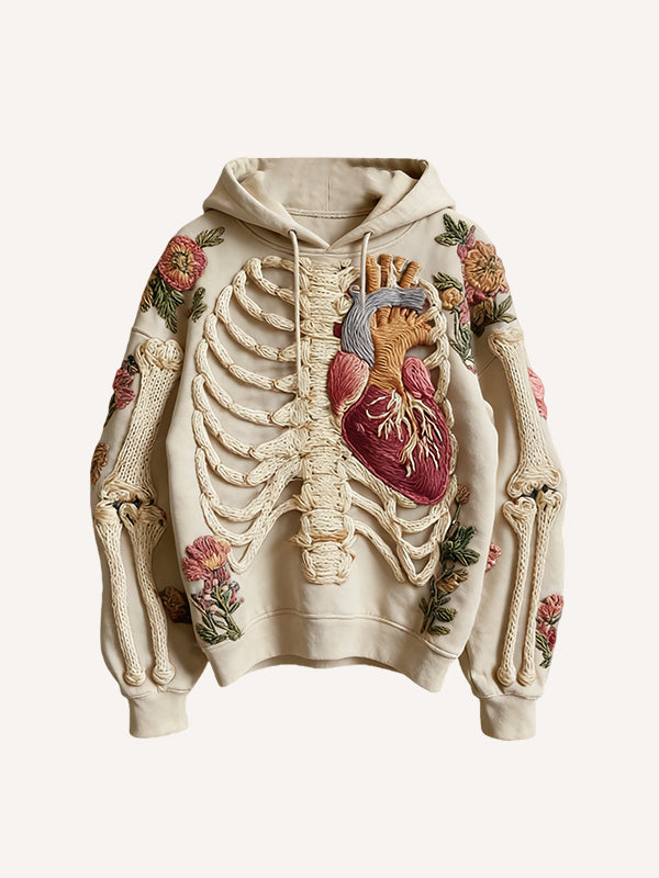 Knitted Heart Skeleton Printed Hooded Sweatshirt
