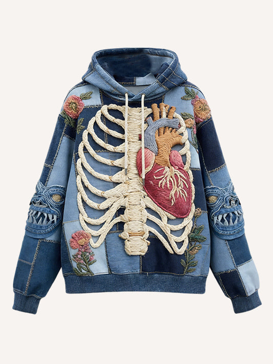 Y2K Vintage Denim Patchwork Hoodie Oversized Skeleton Heart Floral Gothic Streetwear