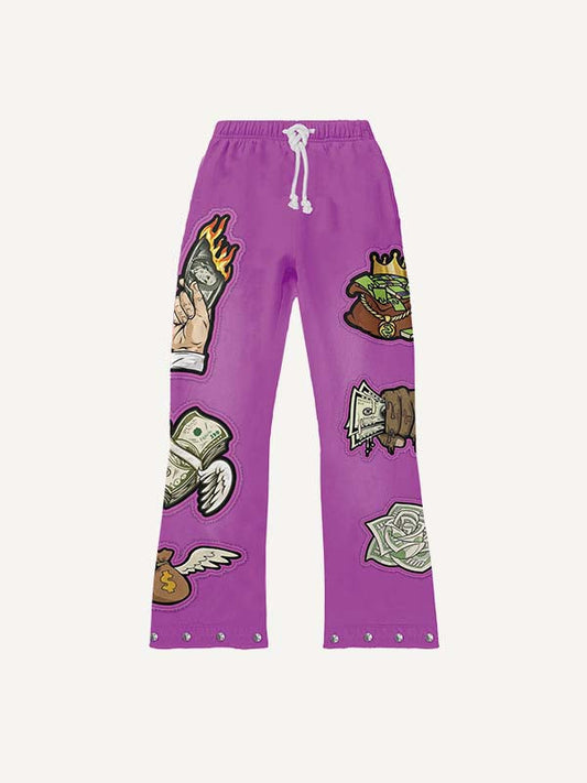 Money&Wing&Floral&Palm&Fire Faux Decal Print Elastic Waist Pants