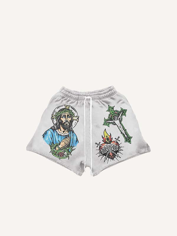 Jesus&Cross&Eye&Floral&Heart Pray Print Drawstring Waist Shorts