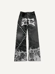 Skeleton&Eye&Fire Faux Decal Print Elastic Waist Pants
