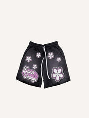 Floral&Letter Faux Decal Print Drawstring Waist Shorts