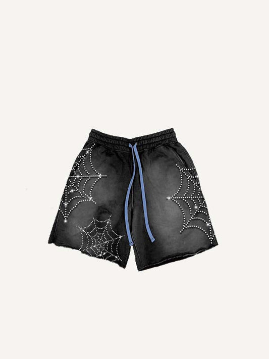 Spider Web Faux Rhinestones Print Drawstring Waist Shorts
