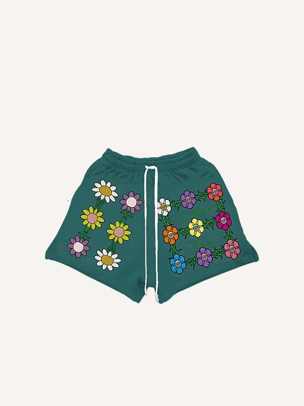 Smiley Face&Floral&Letter Print Drawstring Waist Shorts