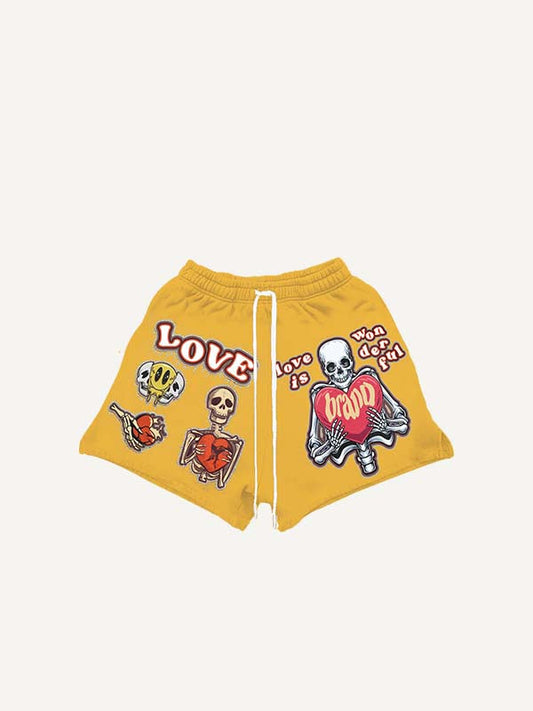 Smiley Face&Skeleton&Heart&Letter Faux Decal Print Drawstring Waist Shorts