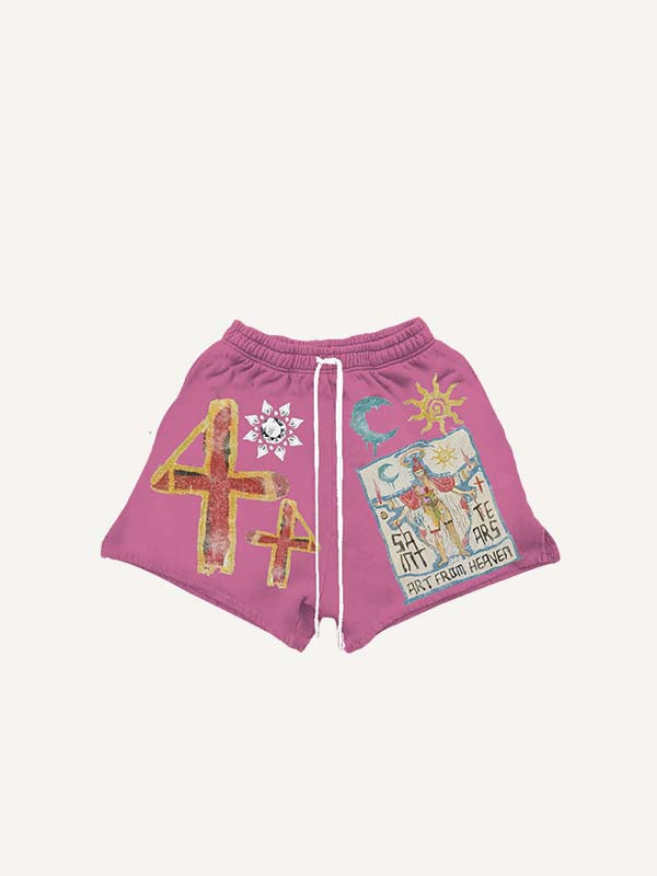 Graphic&Letter Print Drawstring Waist Shorts