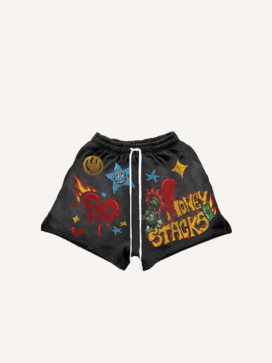 Heart&Fire&Star&Smiley Face&Letter Print Drawstring Waist Shorts