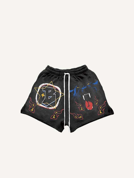 Leopard&Fire&Letter Print Drawstring Waist Shorts