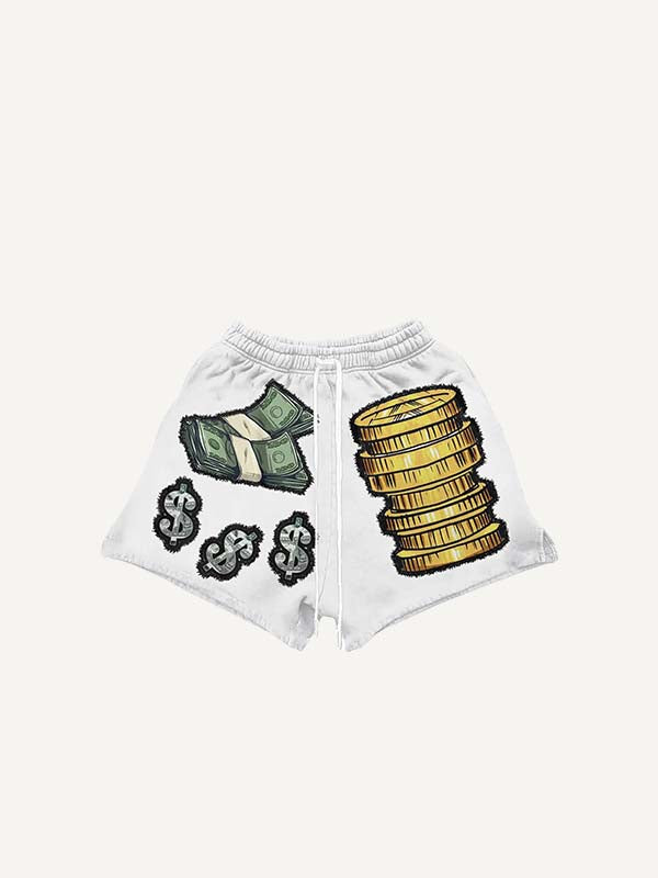 Money Faux Decal Print Drawstring Waist Shorts