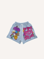 Smiley Face&Graphic&Letter Print Drawstring Waist Shorts