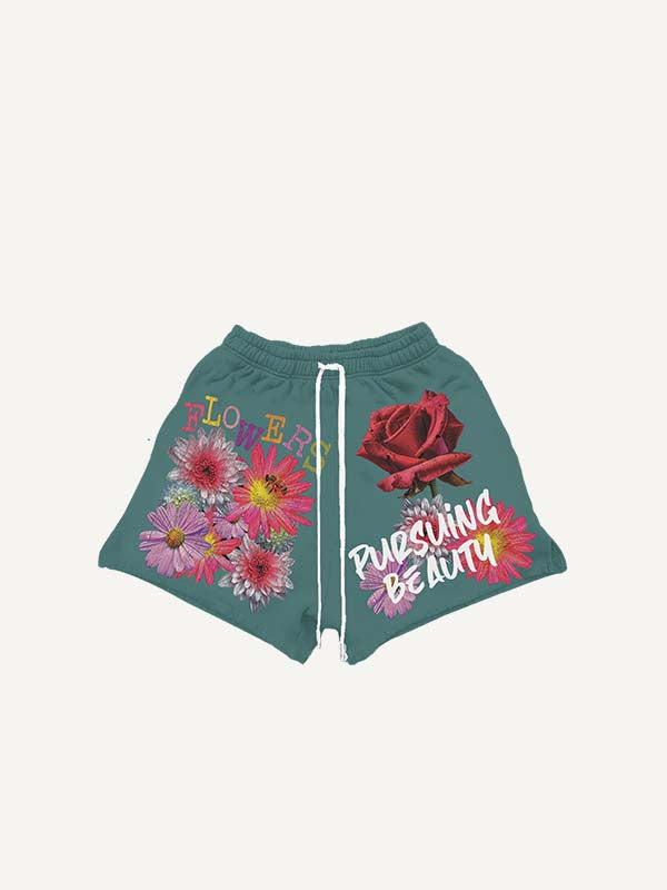 Floral&Letter Print Drawstring Waist Shorts