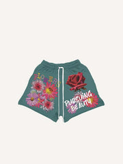 Floral&Letter Print Drawstring Waist Shorts