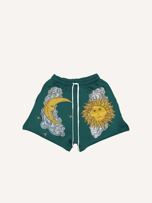 Sun&Moon&Cloud Print Drawstring Waist Shorts