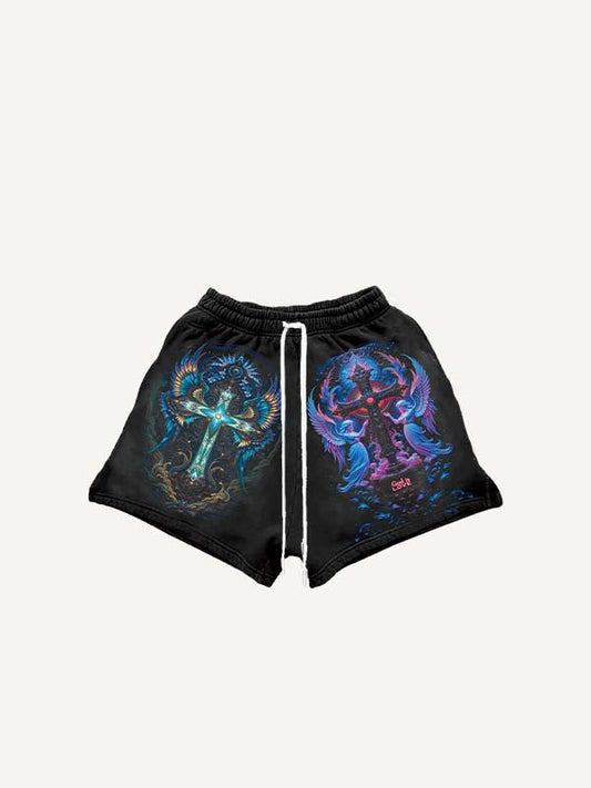 Figure Cross Wing Graphic Letter Print Drawstring Waist Shorts