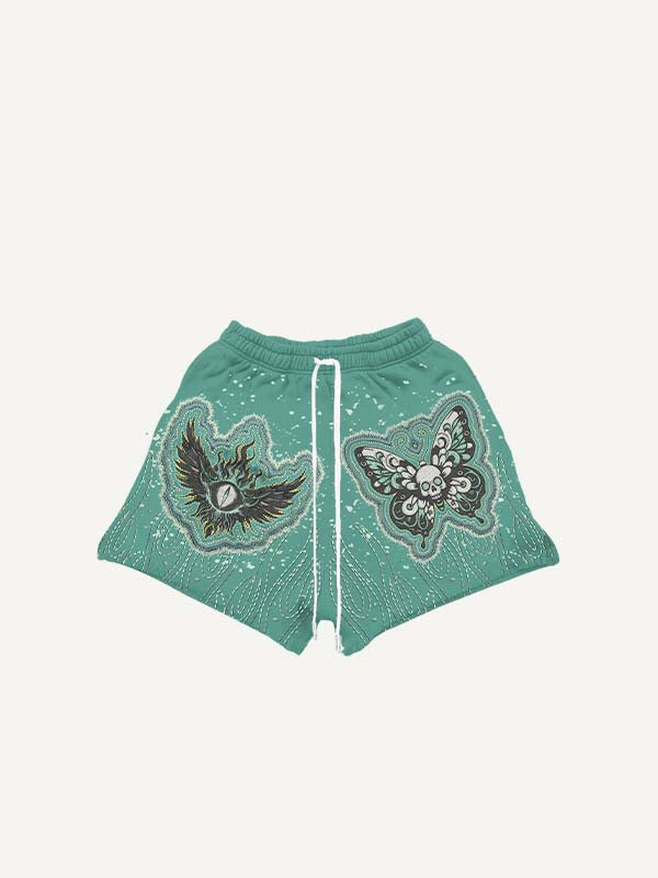 Eye&Wing&Skull&Butterfly Faux Decal Print Drawstring Waist Shorts