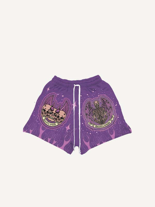 Clown Skeleton Wing Faux Decal Print Drawstring Waist Shorts
