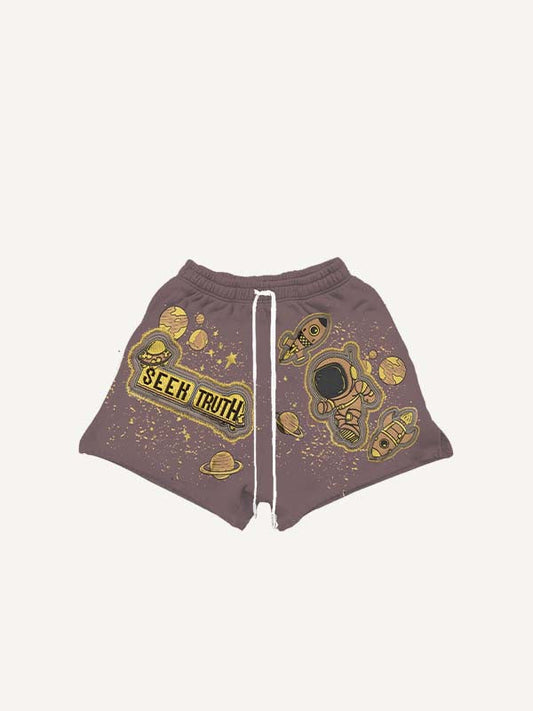 Astronaut Planet Rocket Ufo Faux Decal Print Drawstring Waist Shorts