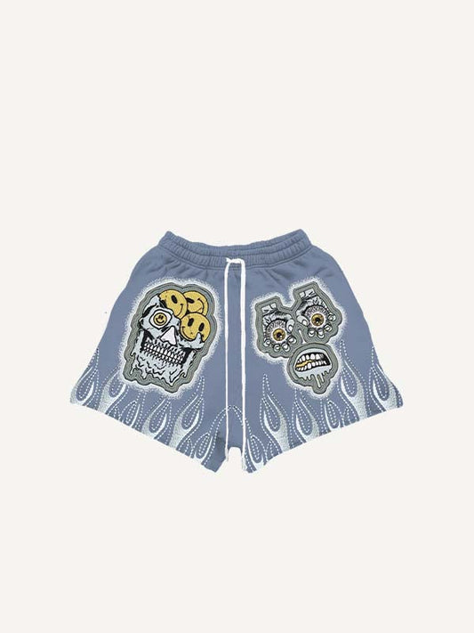 Eyeball Skull Smiley Face Faux Decal Print Drawstring Waist Shorts
