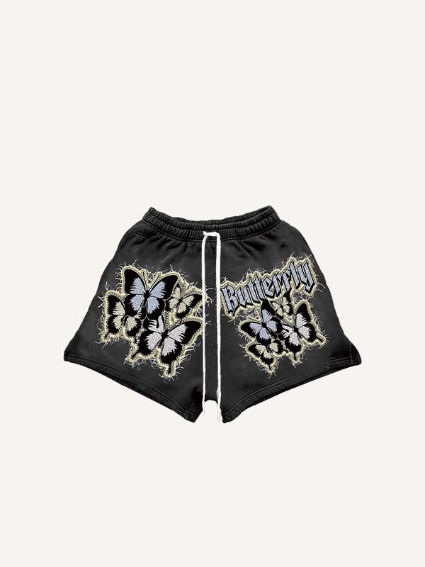 Butterfly Letter Faux Decal Print Drawstring Waist Shorts