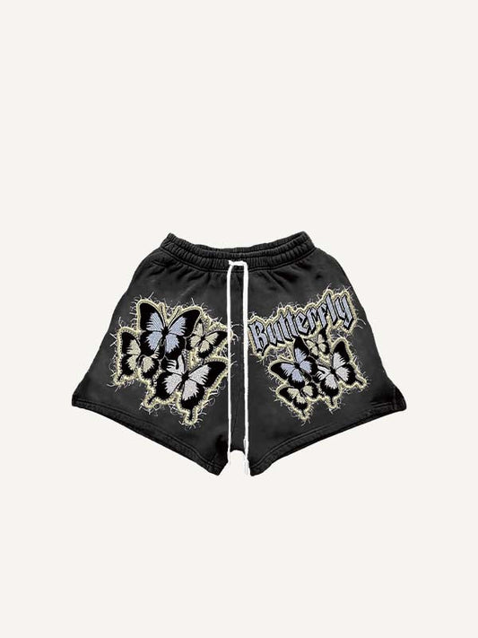 Butterfly Letter Faux Decal Print Drawstring Waist Shorts