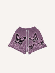 Evil Butterfly Letter Faux Decal Print Drawstring Waist Shorts