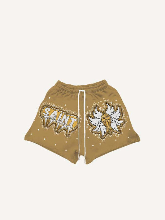 Cross Wing Letter Faux Decal Print Drawstring Waist Shorts