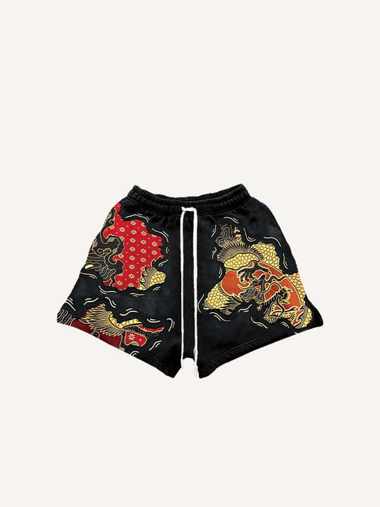 Dragon Graphic Faux Decal Print Drawstring Waist Shorts