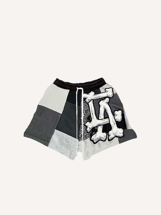 Colorblock Skeleton Paisley Letter Faux Decal Print Drawstring Waist Shorts