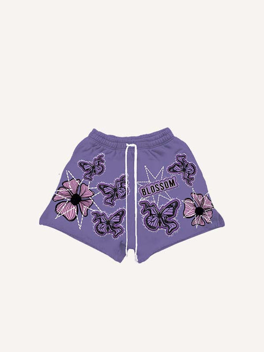 Butterfly&Floral Faux Decal Print Drawstring Waist Shorts