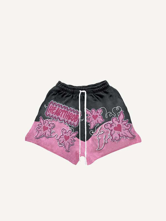 Colorblock Heart&Graphic Faux Decal Print Drawstring Waist Shorts