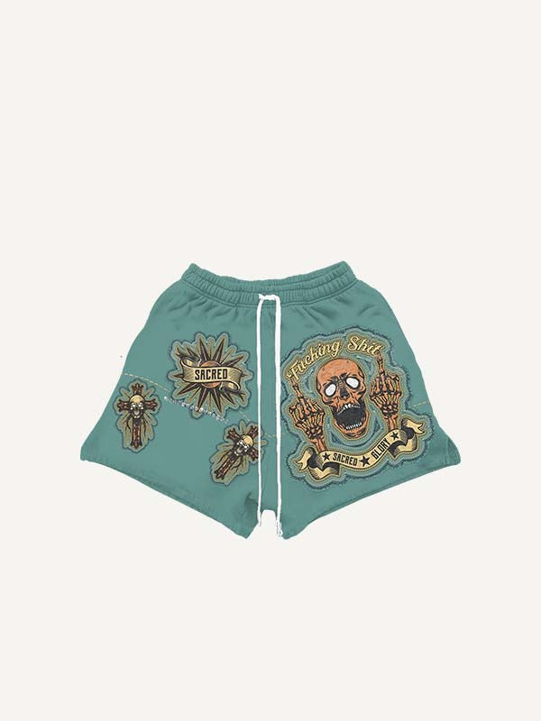 Cross Skull Gesture Letter Faux Decal Print Drawstring Waist Shorts