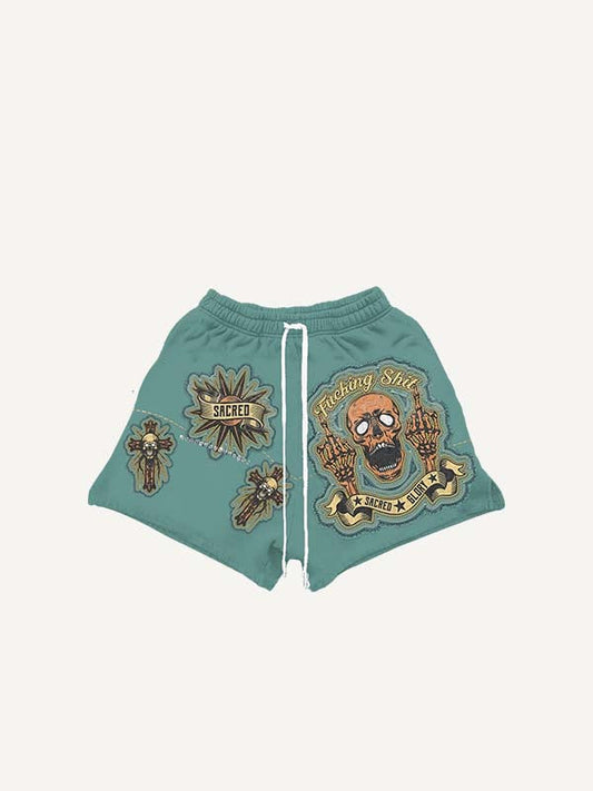 Cross Skull Gesture Letter Faux Decal Print Drawstring Waist Shorts