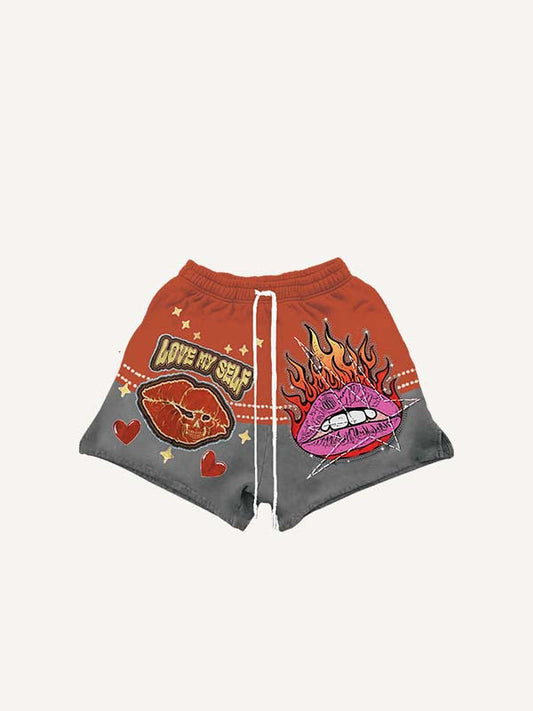 Colorblock Lips Fire Heart Letter Faux Decal Print Drawstring Waist Shorts