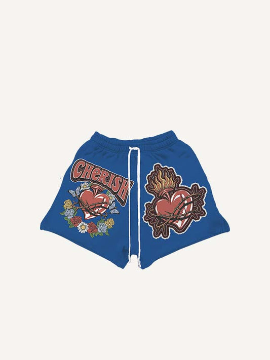 Floral Letter Butterfly Heart Faux Decal Print Drawstring Waist Shorts