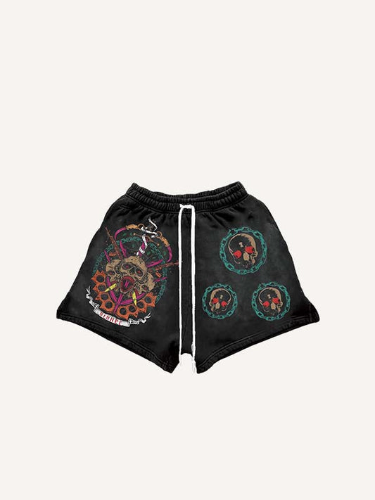 Skull Sword Gun Print Drawstring Waist Shorts