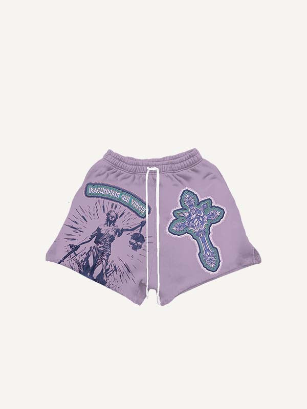 Figure Cross Letter Faux Decal Print Drawstring Waist Shorts