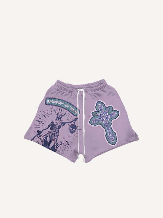 Figure Cross Letter Faux Decal Print Drawstring Waist Shorts