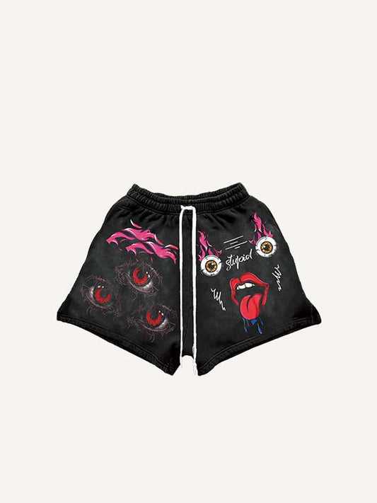 Eyeball Fire Tongue Letter Graphic Print Drawstring Waist Shorts