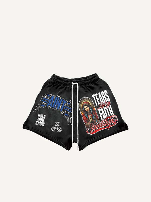 Figure Pray Letter Graphic Faux Decal Print Drawstring Waist Shorts