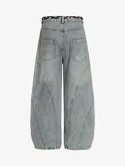 Denim Retro Belt Detail With Patchwork Barrel Jeans - 2490